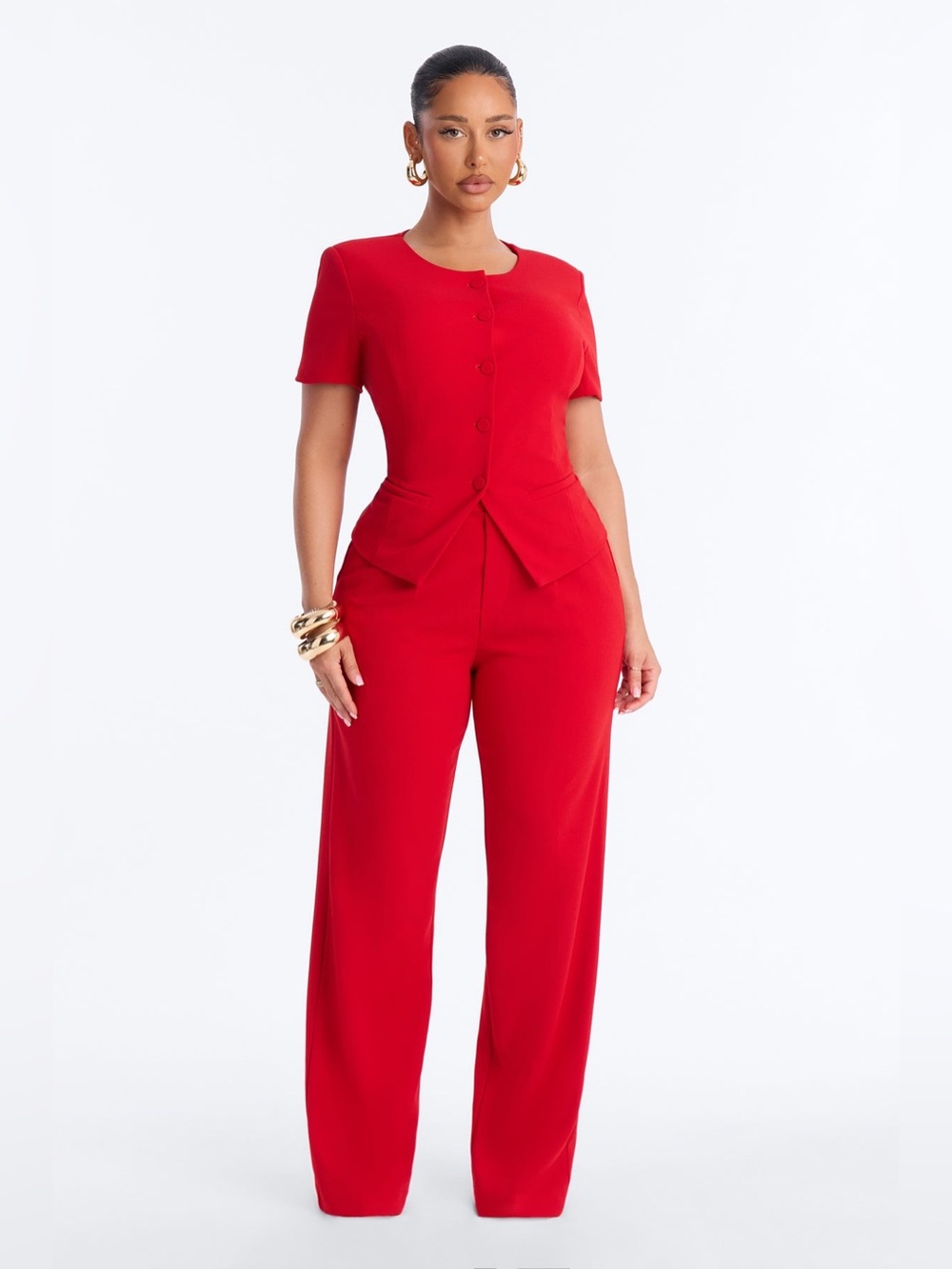 NWT Fashion Nova Red Button-Front Short Sleeve